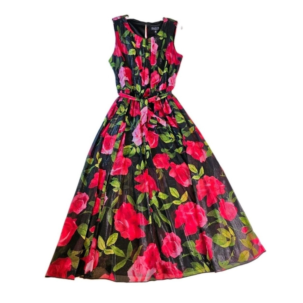 Alexa B Nites Maxi Dress Woman 18W Black Red Rose Metallic Floral Gown